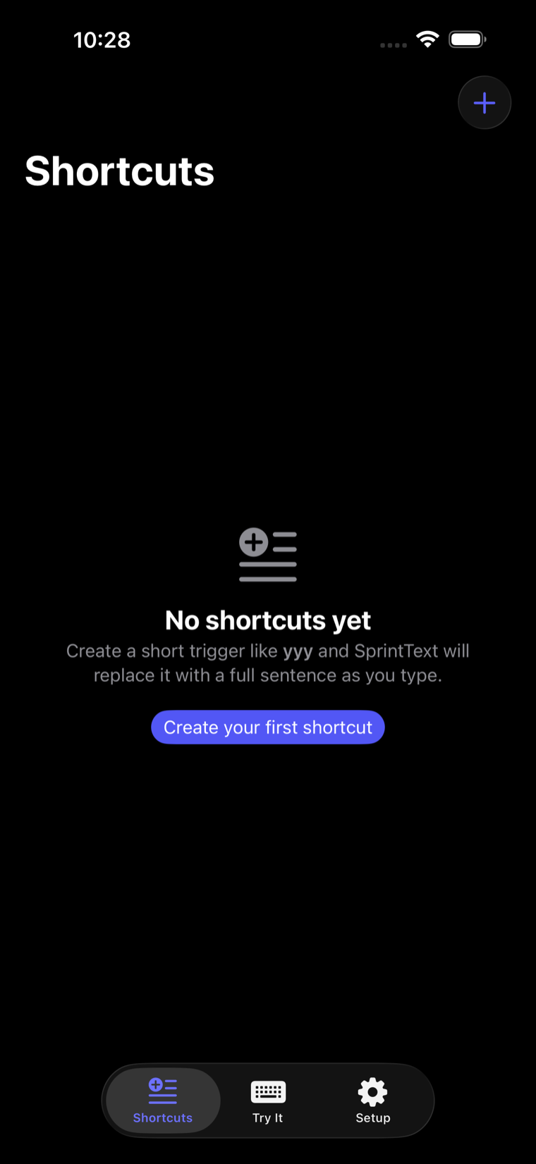 The SprintText iPhone app on the Shortcuts tab with no shortcuts yet, showing the empty state and a “Create your first shortcut” button.
