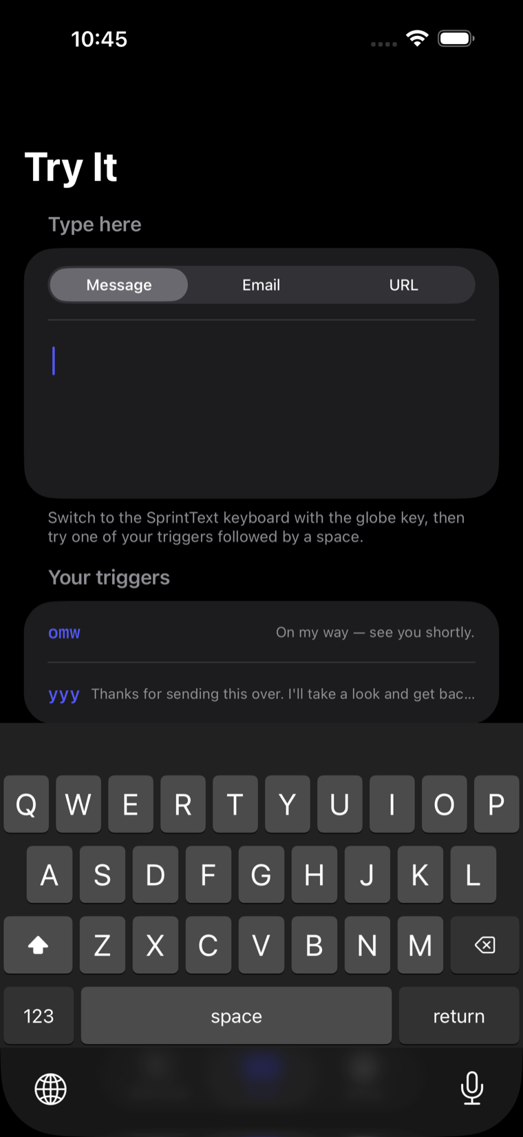 The SprintText keyboard on iPhone showing the lowercase letter layout with shift, backspace, a 123 key, space and return.