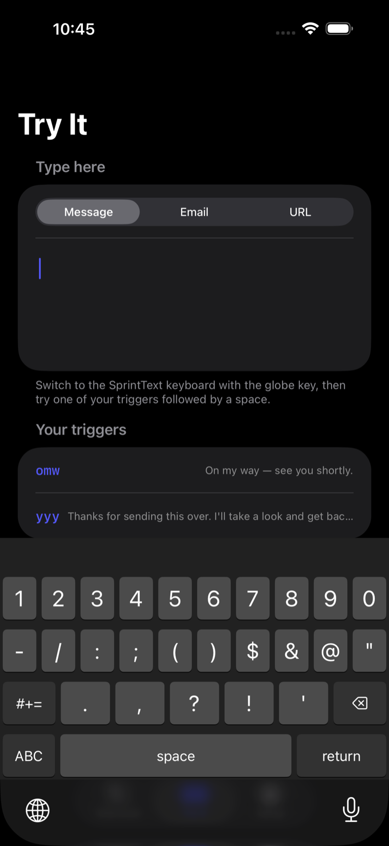 The SprintText keyboard number layout on iPhone: digits one to zero on the top row, then hyphen, slash, colon, semicolon, brackets, dollar, ampersand, at and quote.