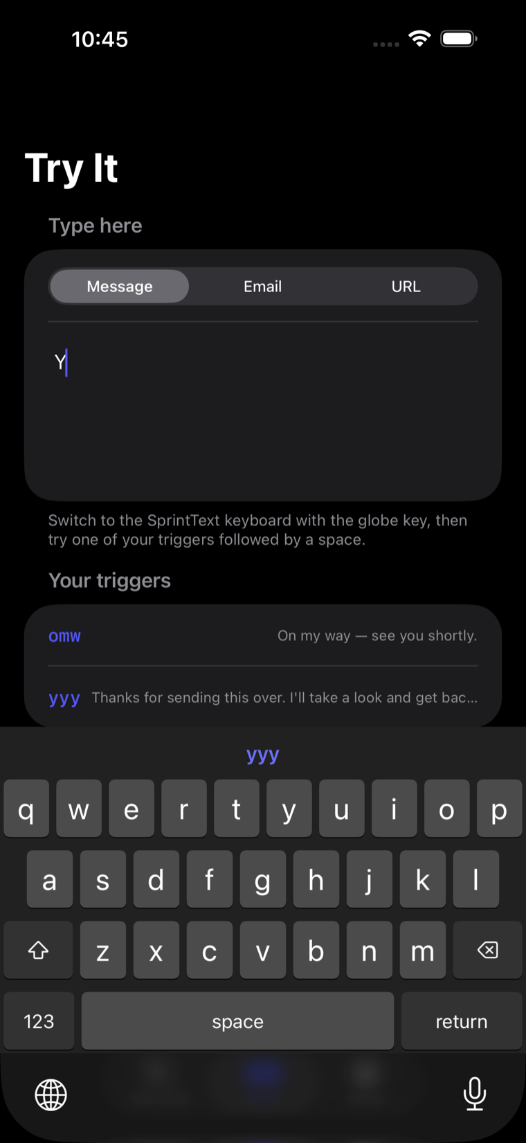 The SprintText keyboard on iPhone with the letter Y typed. The suggestion bar above the keys shows the matching trigger yyy.